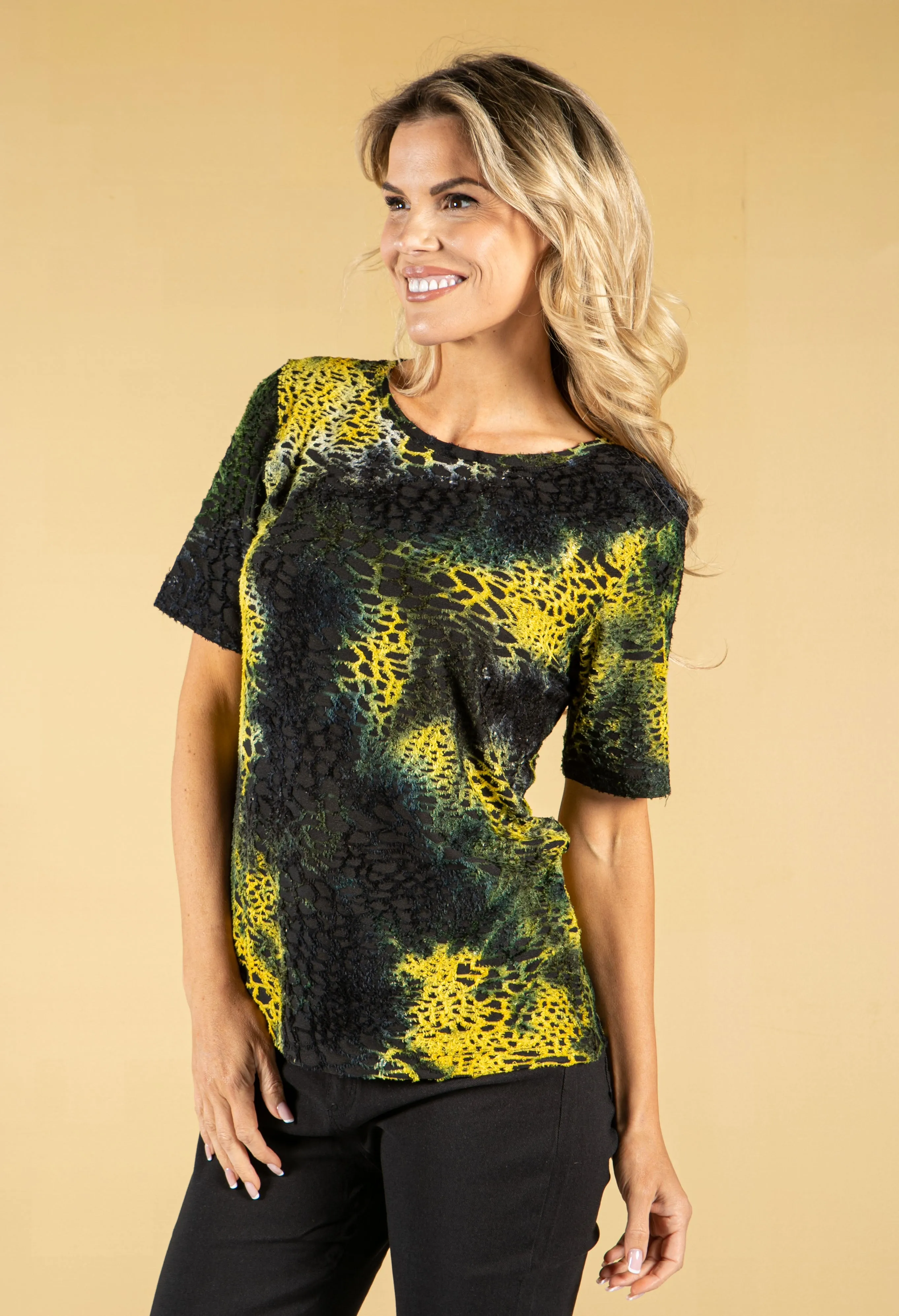 BLACK AND YELLOW FEATHERED TOP