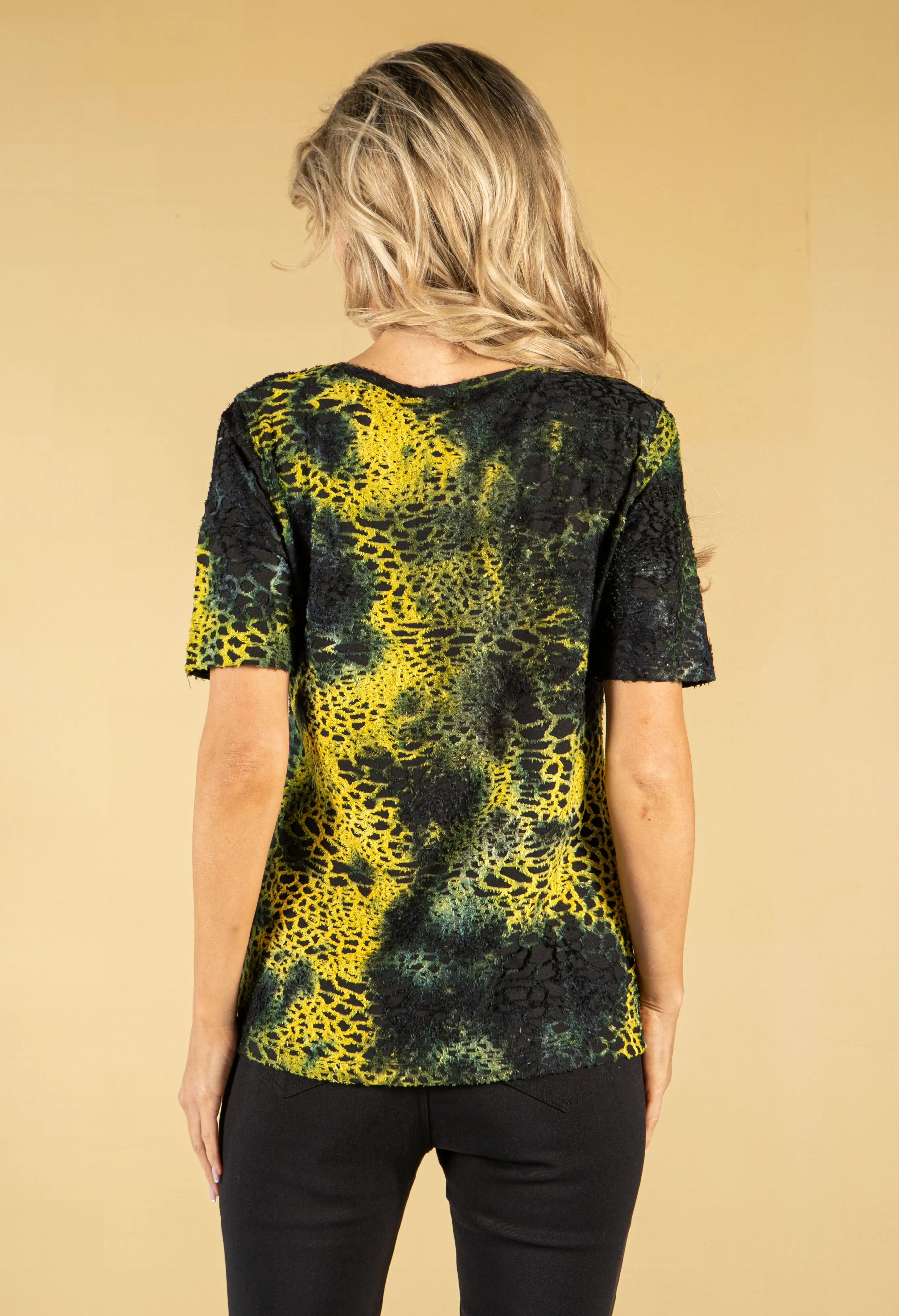 BLACK AND YELLOW FEATHERED TOP