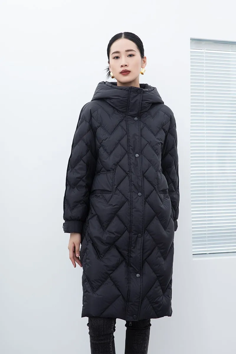 Black Long Gathered Hoodie Puffer Down Jacket