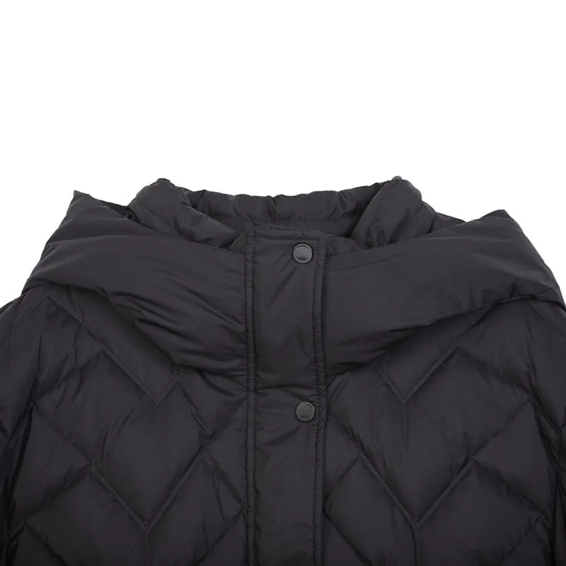 Black Long Gathered Hoodie Puffer Down Jacket