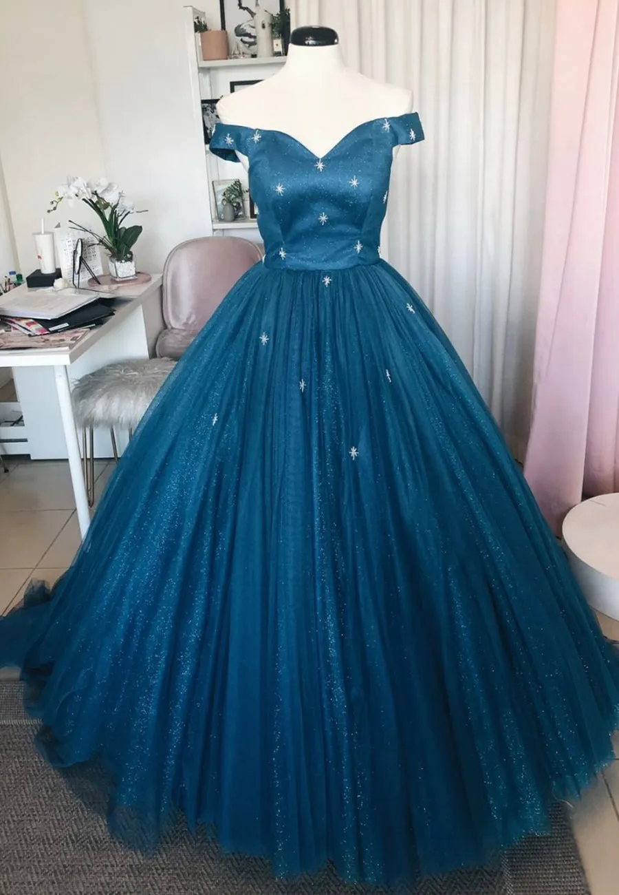 Blue Tulle Long A-Line Prom Dresses Off the Shoulder Evening Dresses