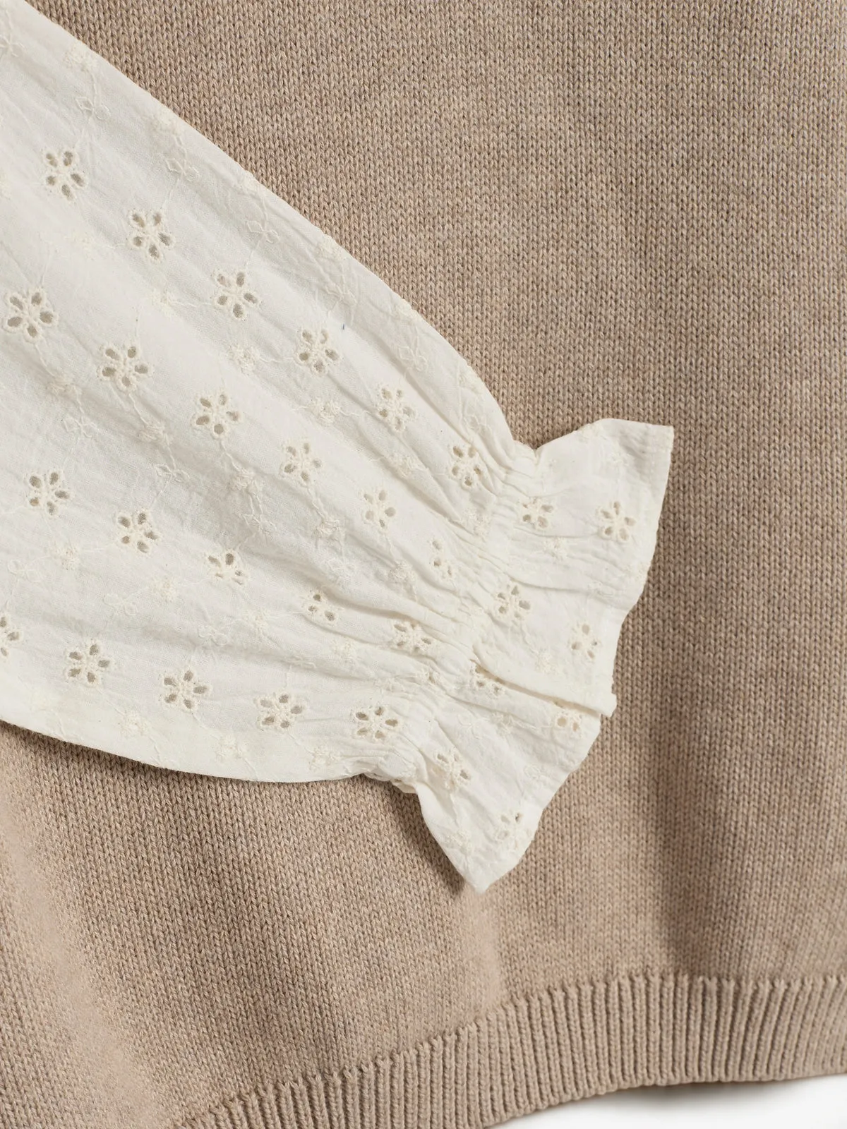 Cotton Knit Vest w. Blousesleeves - Tween - Light Beige Melange