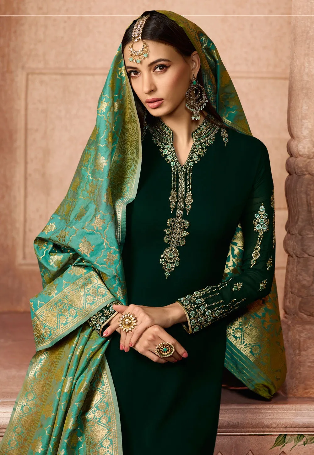 Dark Green Dual Tone Embroidered Satin Churidar Suit