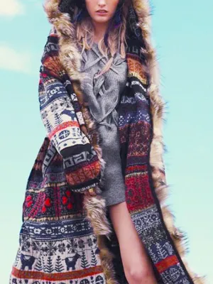 Ethnic Style Fur Collar Hooded Printed Long-Sleeved Women'S Windbreaker