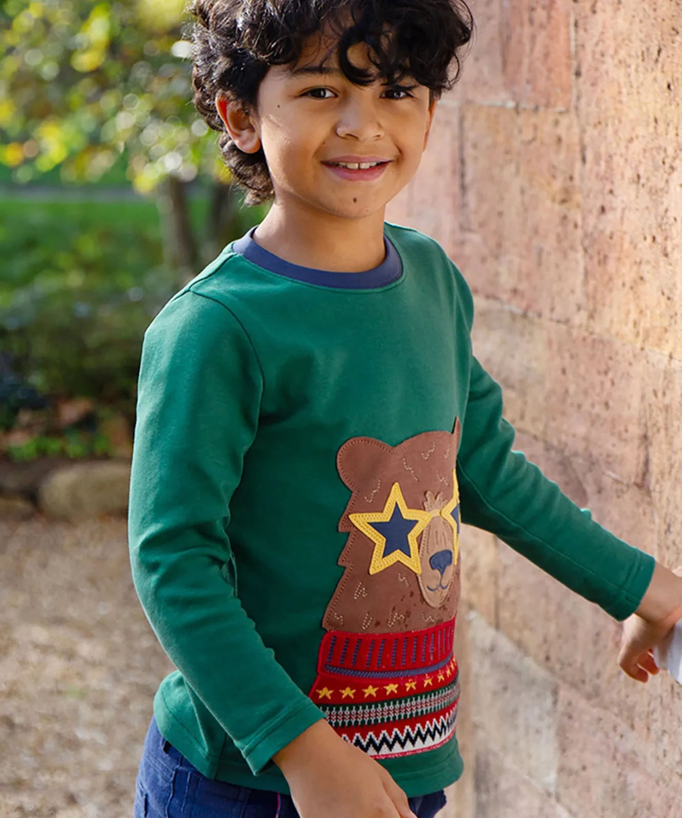 Frugi Terrific Applique Top - Teal/Fairisle Bear