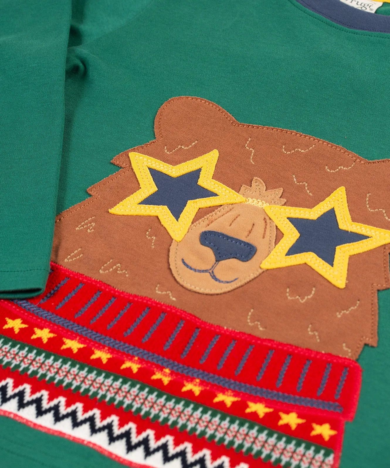 Frugi Terrific Applique Top - Teal/Fairisle Bear