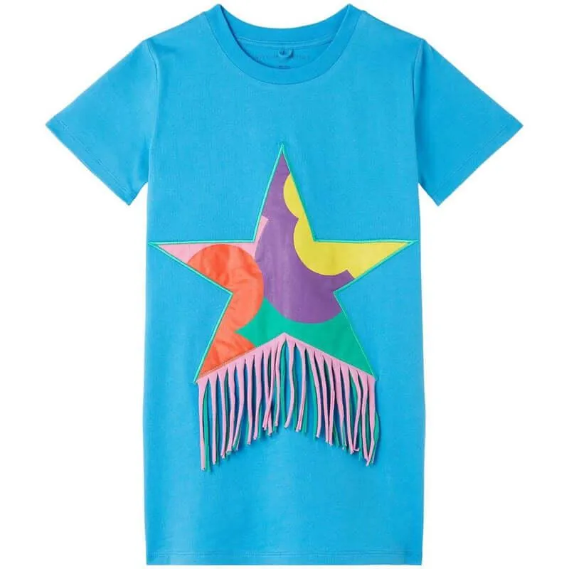 Girls Blue Star Fringe T-Shirt Dress