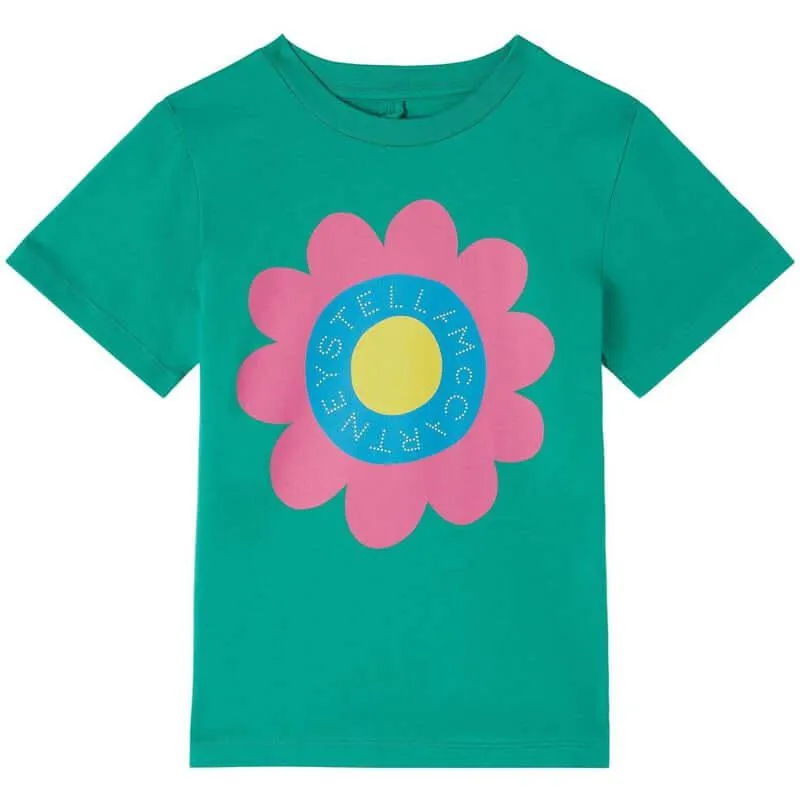 Girls Green Cotton Flower Logo T-Shirt