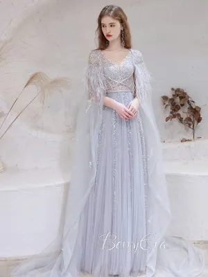 Gorgeous Beaded Tulle A-line Prom Dresses With Cape, Luxury Prom Dresses, 2023 Prom Dresses, Newest Prom Dresses