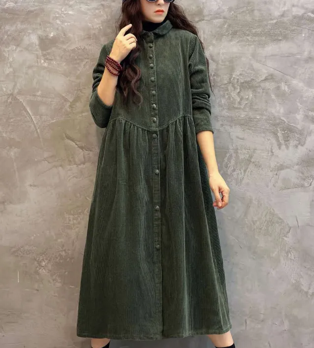 Green Buttons Dresses Loose Winter Autumn Dresses Casual Women Dresses ZRL97213