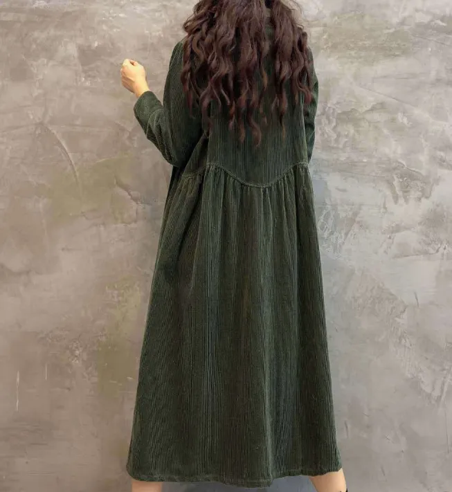 Green Buttons Dresses Loose Winter Autumn Dresses Casual Women Dresses ZRL97213