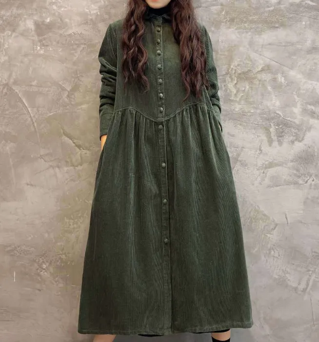 Green Buttons Dresses Loose Winter Autumn Dresses Casual Women Dresses ZRL97213