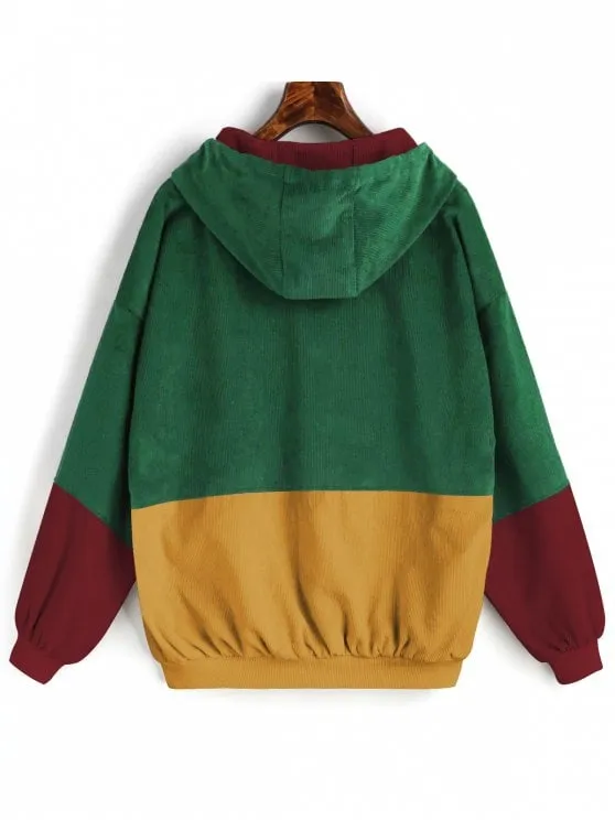 Green Hooded Color Block Corduroy Jacket