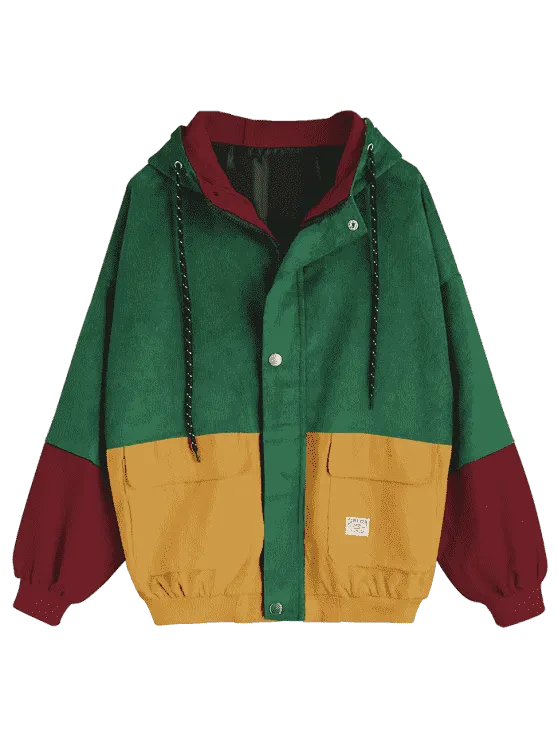 Green Hooded Color Block Corduroy Jacket