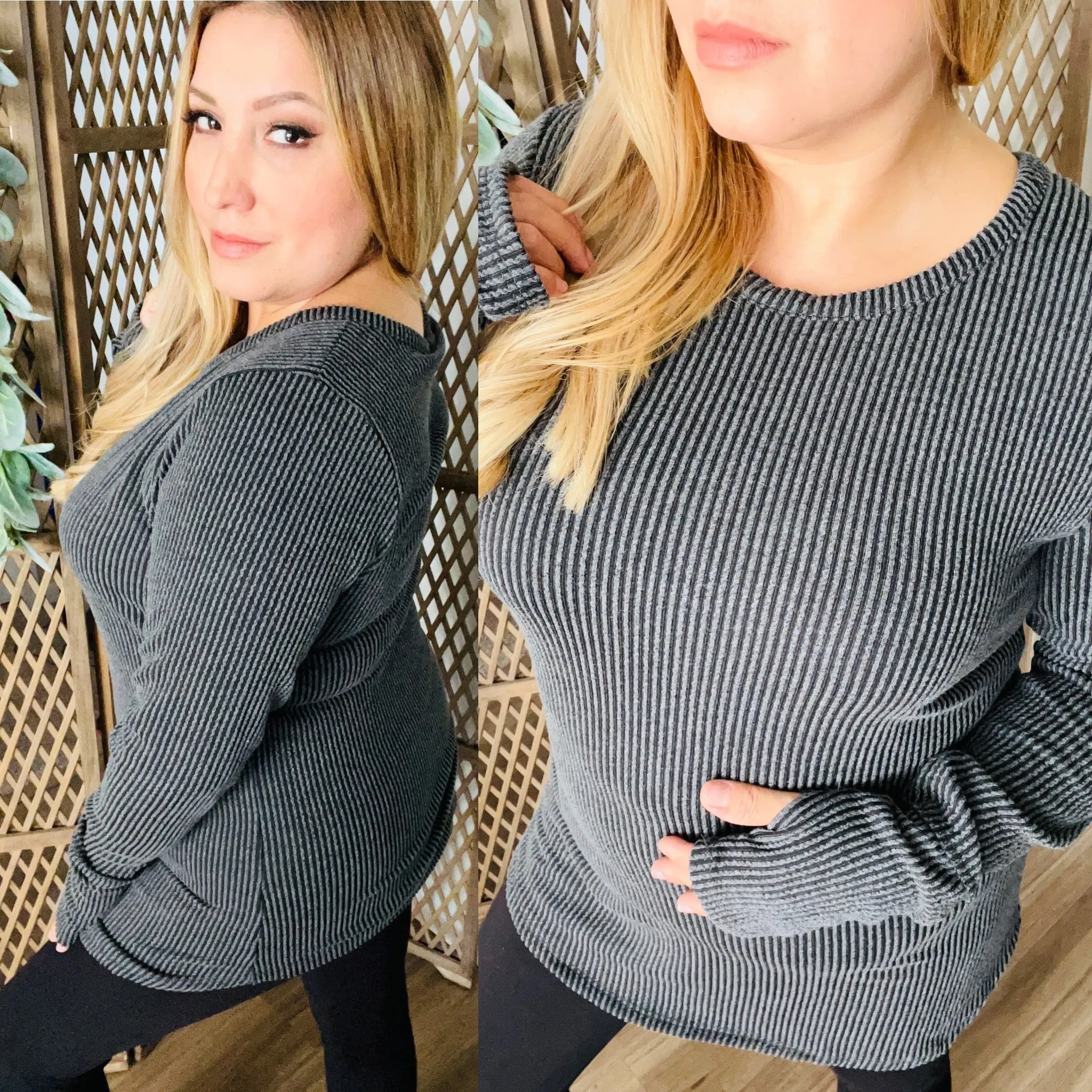 Long Sleeve Solid Urban Ribbed Top w/ Thumbhole: Charcoal