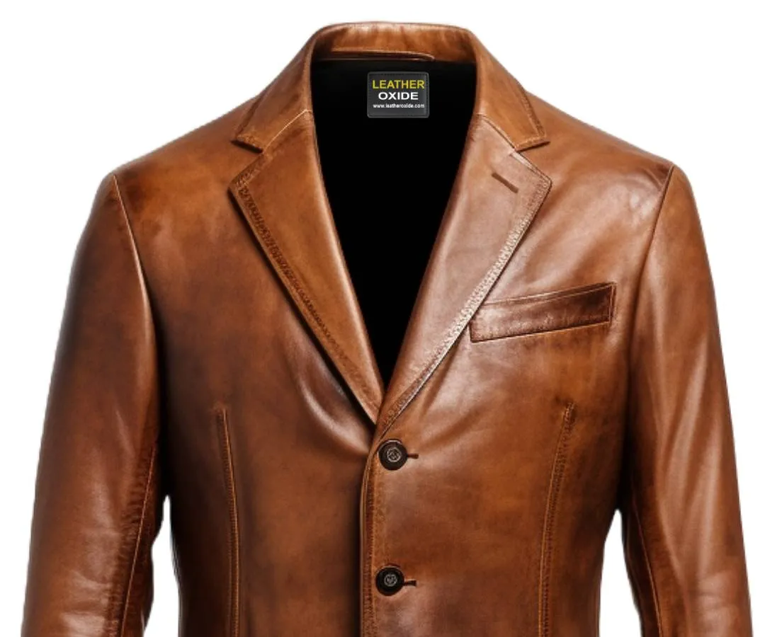 Men 3 Button Vintage Brown Leather Blazer