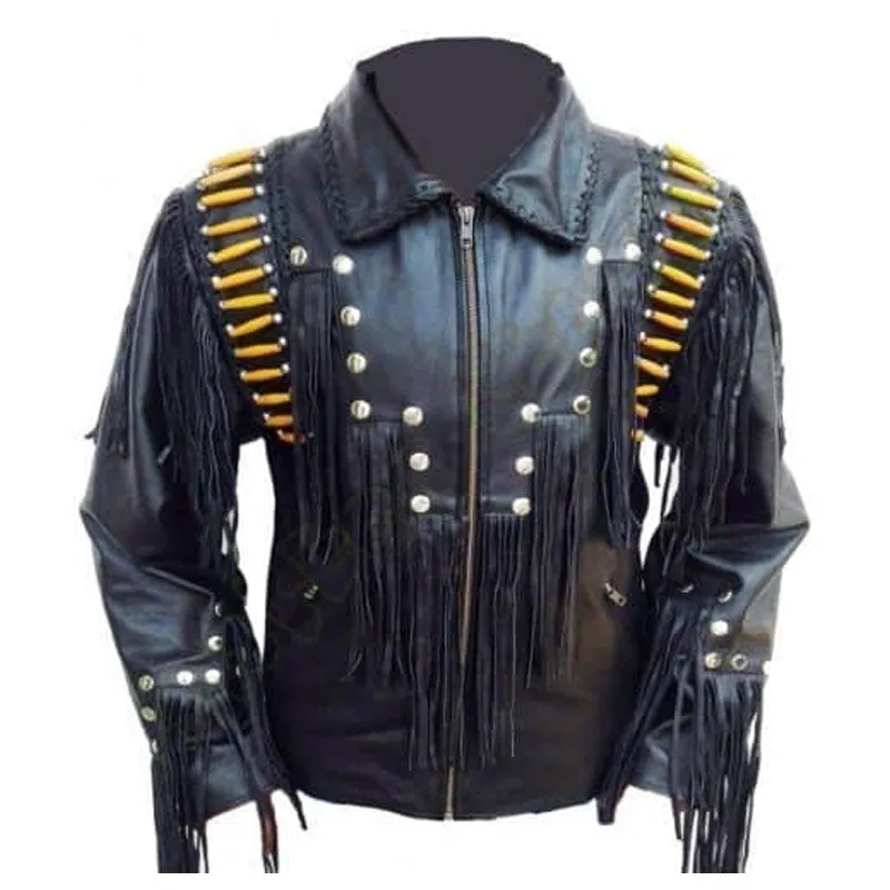 Men Fashion Best Western Biker Leather Jacket Wear Fringes Beads