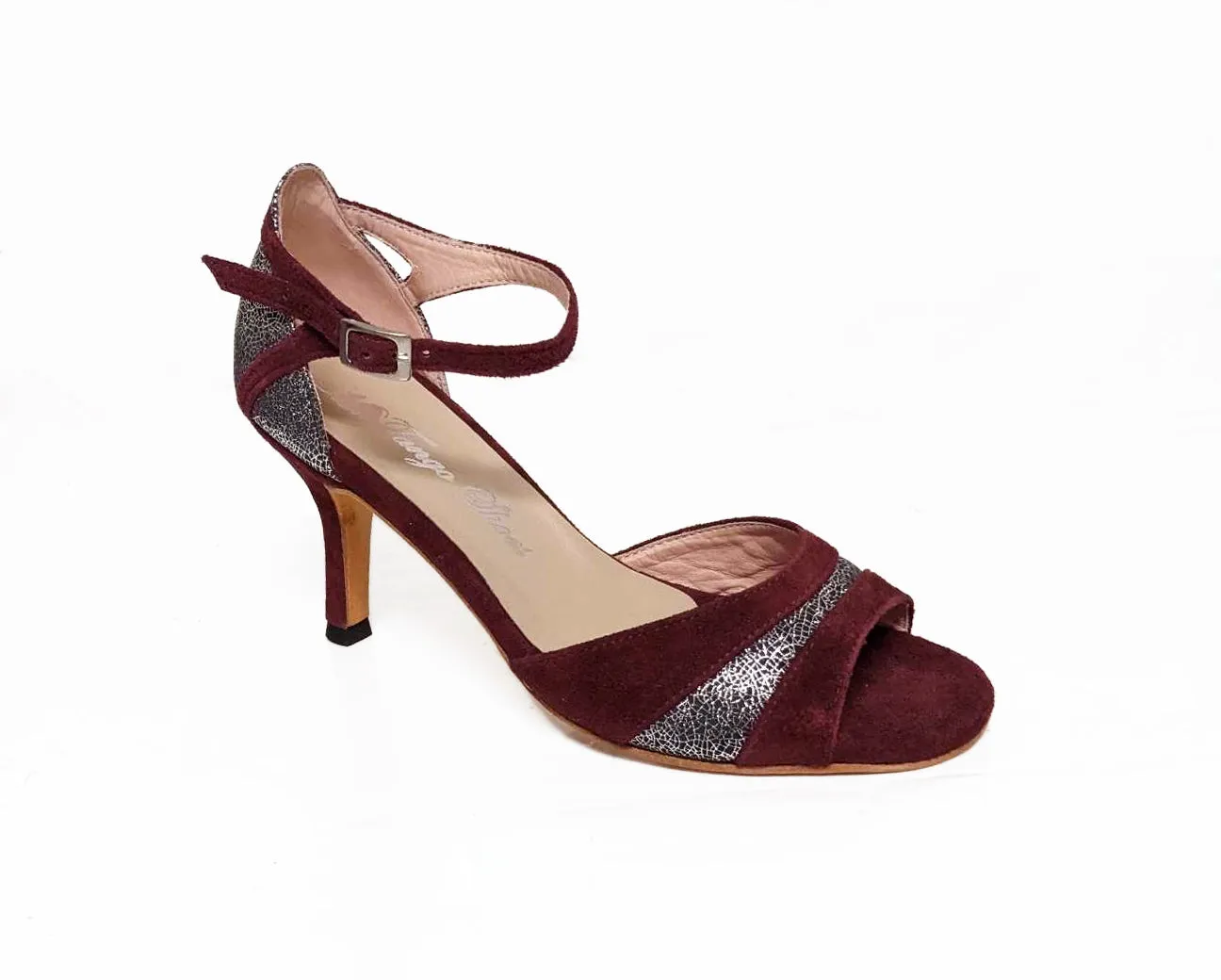 Mr. Tango Shoes, Diva, Burgundy Suede/Silver Texture, 2.75" Narrow Copa Heel