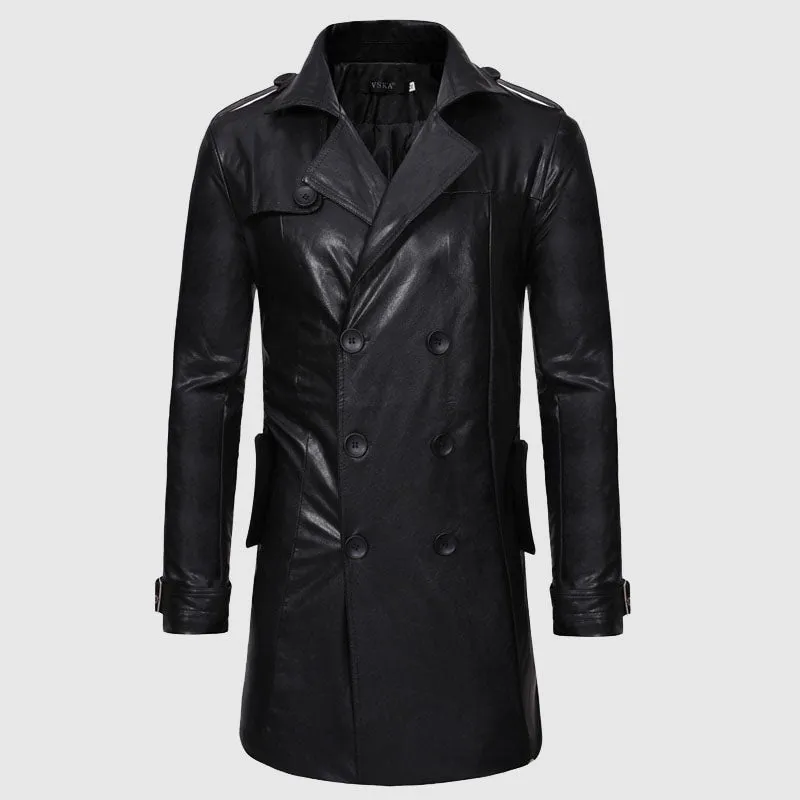 New High Quality Leather Jacket Men Popular Black Medium Length Spring Jackets Mens Casual Double-breasted Motorcycle Coat