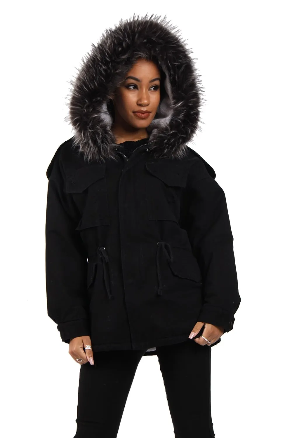 Oversized Faux Fur Trim Fleece Hooded Parka Jacket Coat