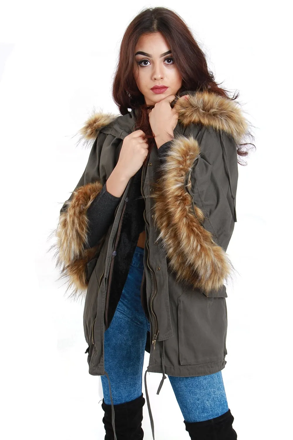 Oversized Sleeve Fur Parka Coat