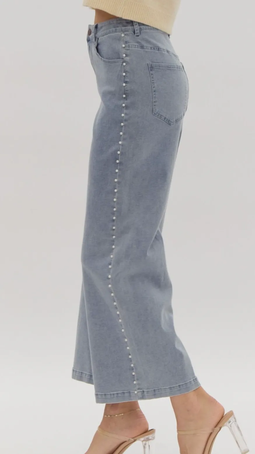 Pearl Detail High Waisted Denim Wide Leg Pants