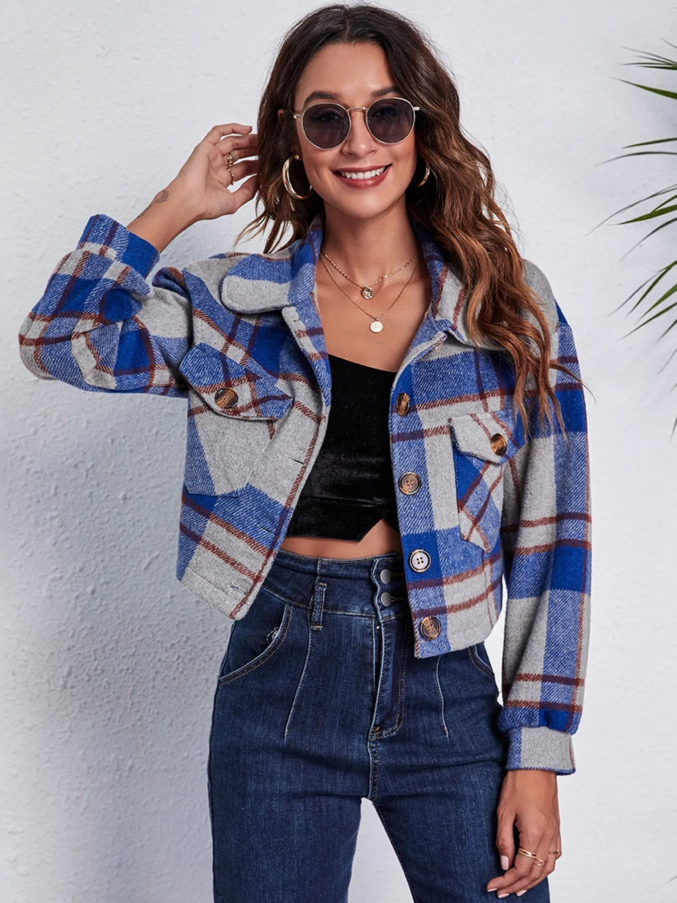 Plaid Cropped Button Down Flannel Style Plaid Jacket