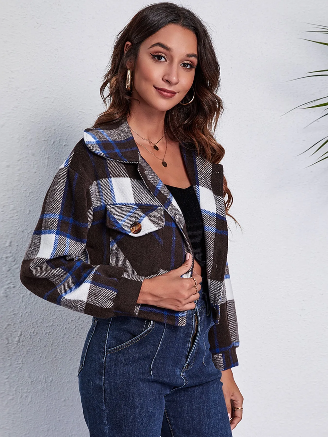 Plaid Cropped Button Down Flannel Style Plaid Jacket