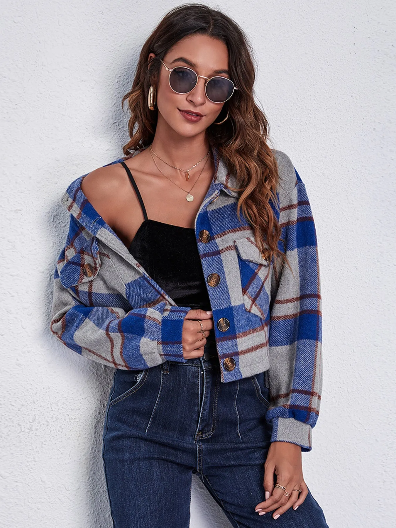 Plaid Cropped Button Down Flannel Style Plaid Jacket