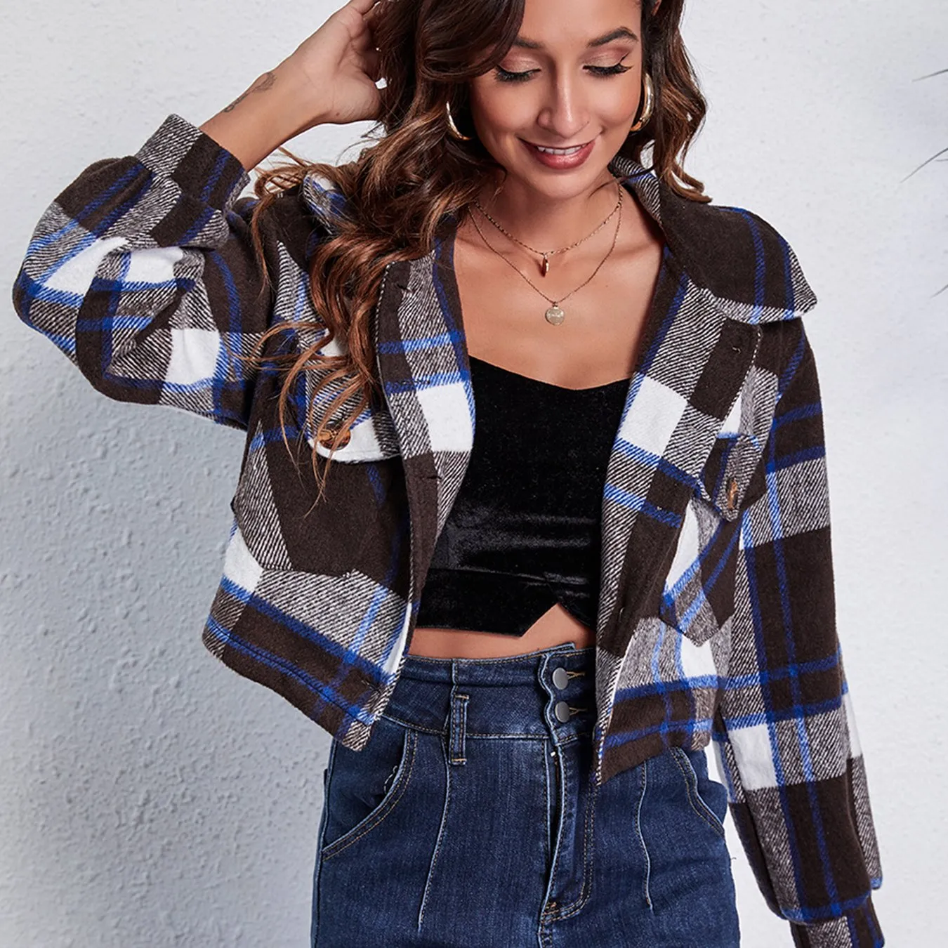 Plaid Cropped Button Down Flannel Style Plaid Jacket