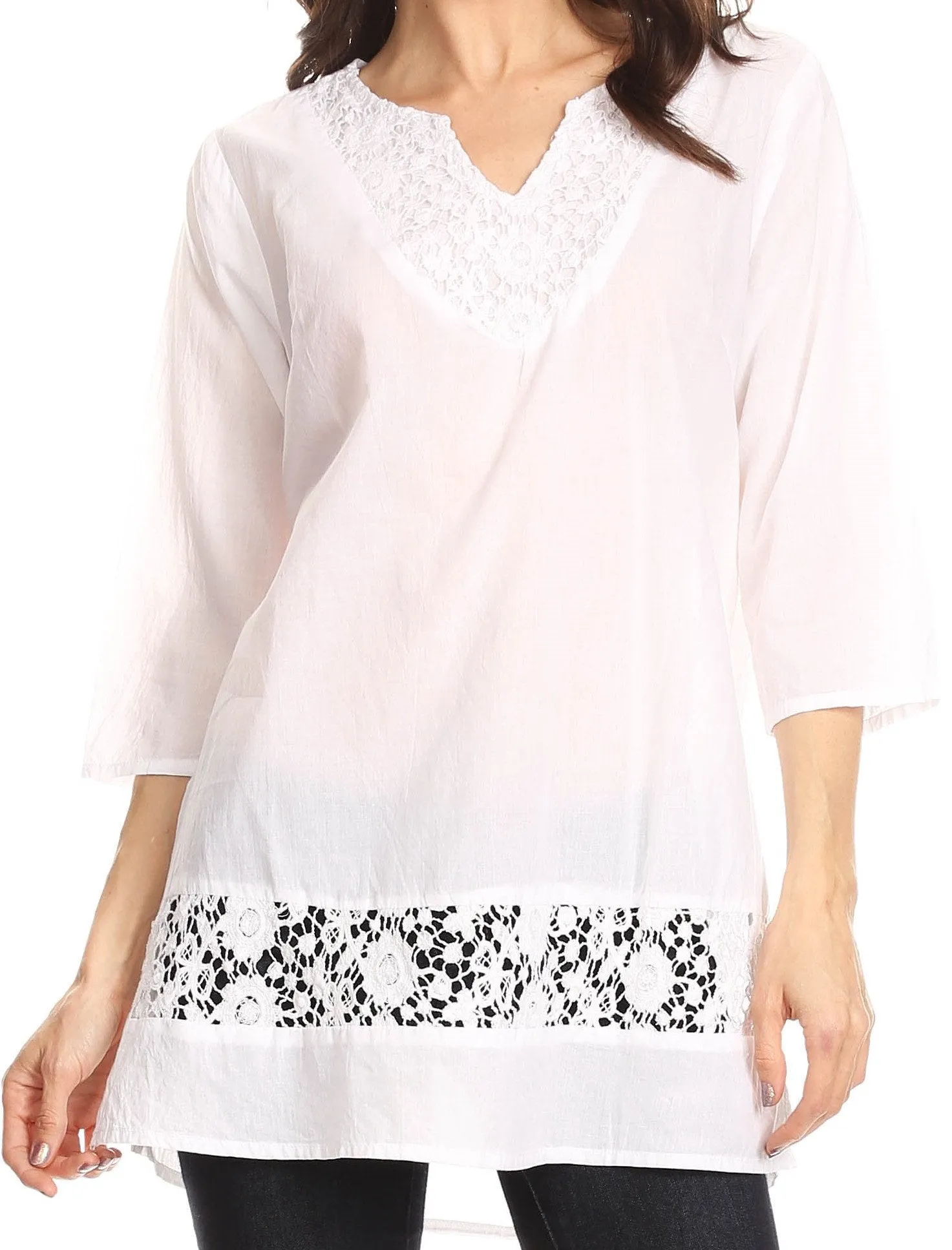 Sakkas Elisa V-Neck Elbow Sleeve Crochet Lace Tunic