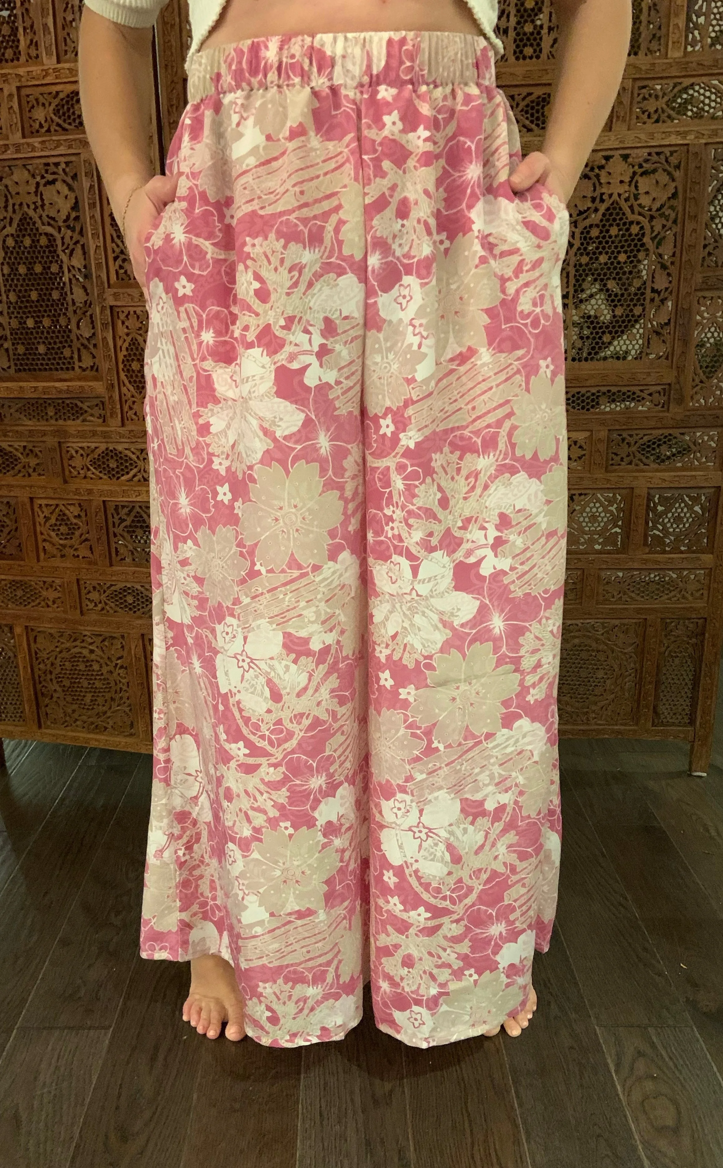 Silk Wide Leg Pant - Fuschia Flower