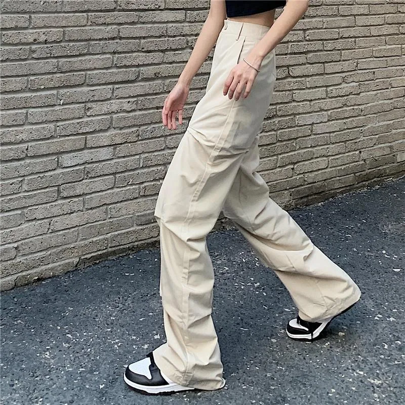 Street Fashion Pleated Beige Cargo Baggy Pants