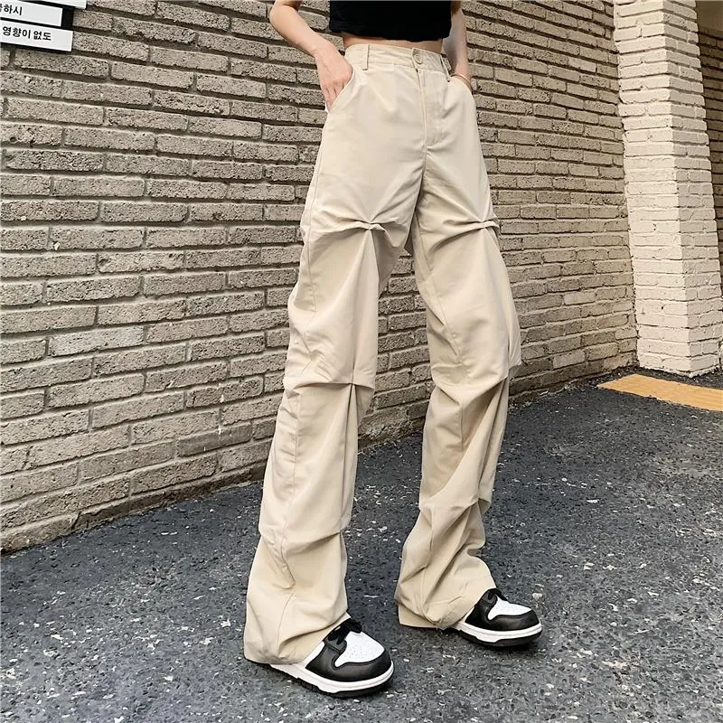 Street Fashion Pleated Beige Cargo Baggy Pants