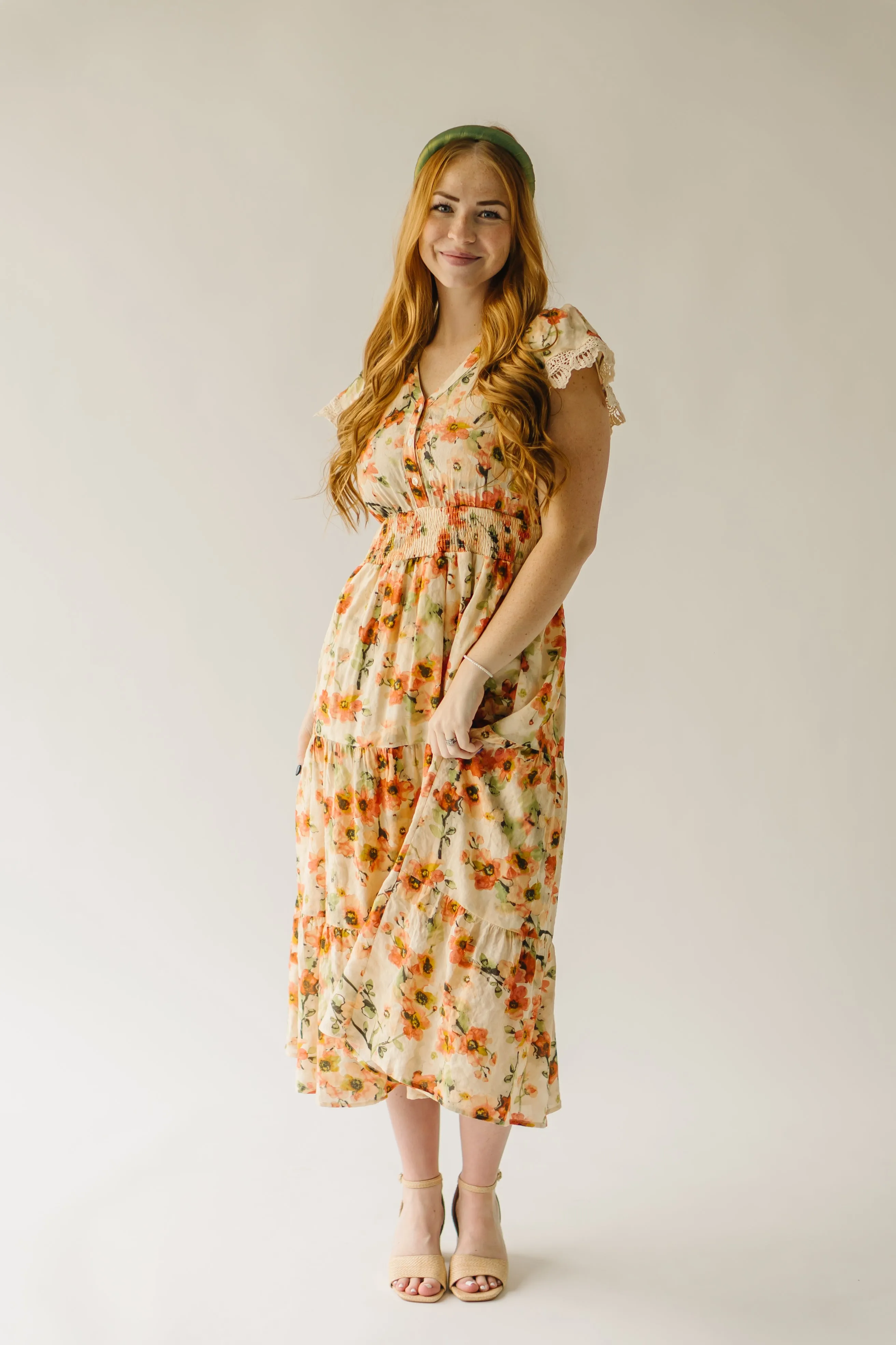 The Korenfeld Smocked Waist Midi Dress in Natural Multi