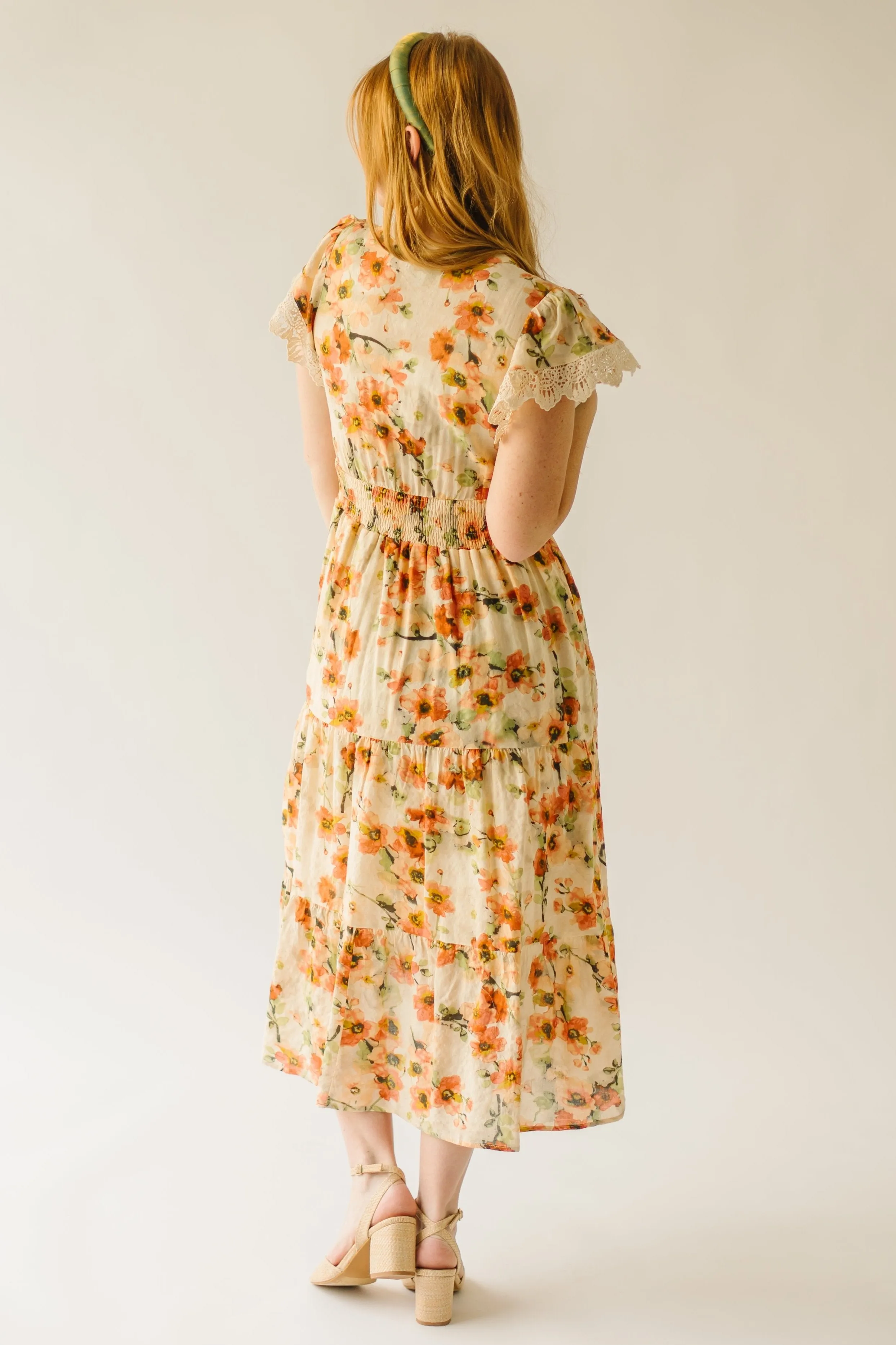 The Korenfeld Smocked Waist Midi Dress in Natural Multi