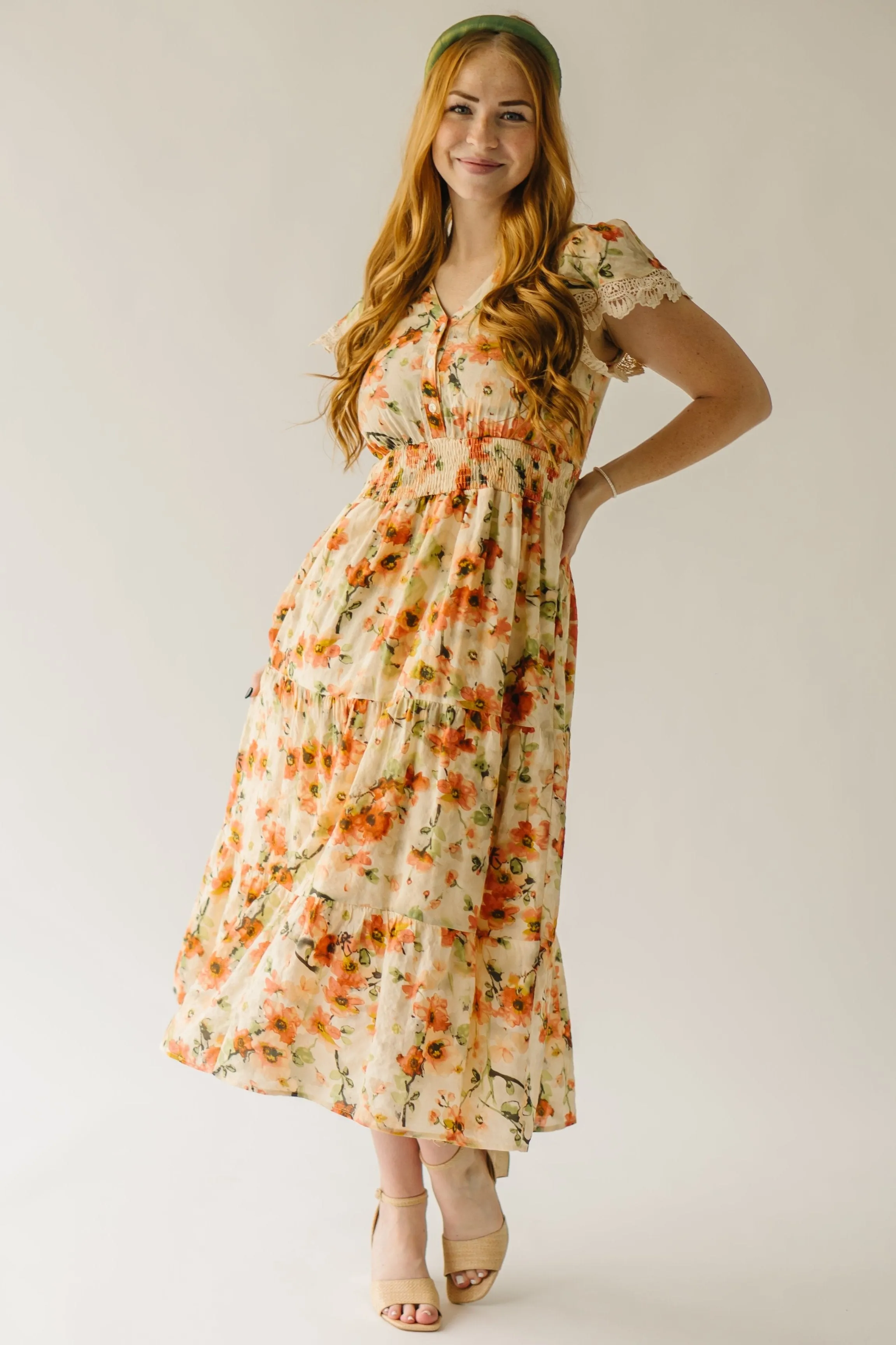 The Korenfeld Smocked Waist Midi Dress in Natural Multi