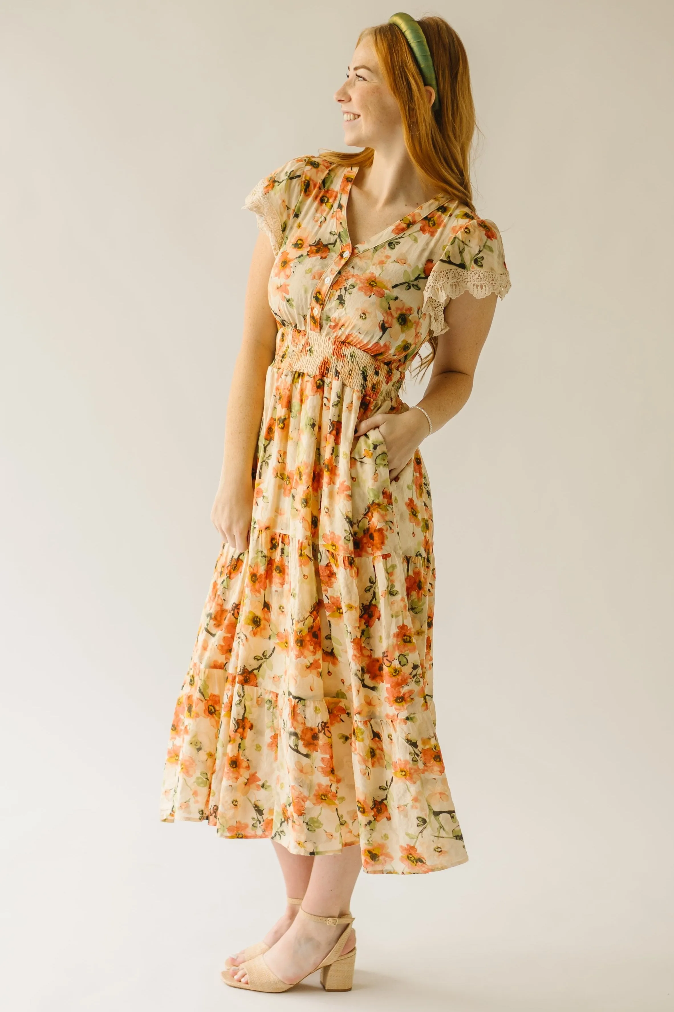 The Korenfeld Smocked Waist Midi Dress in Natural Multi