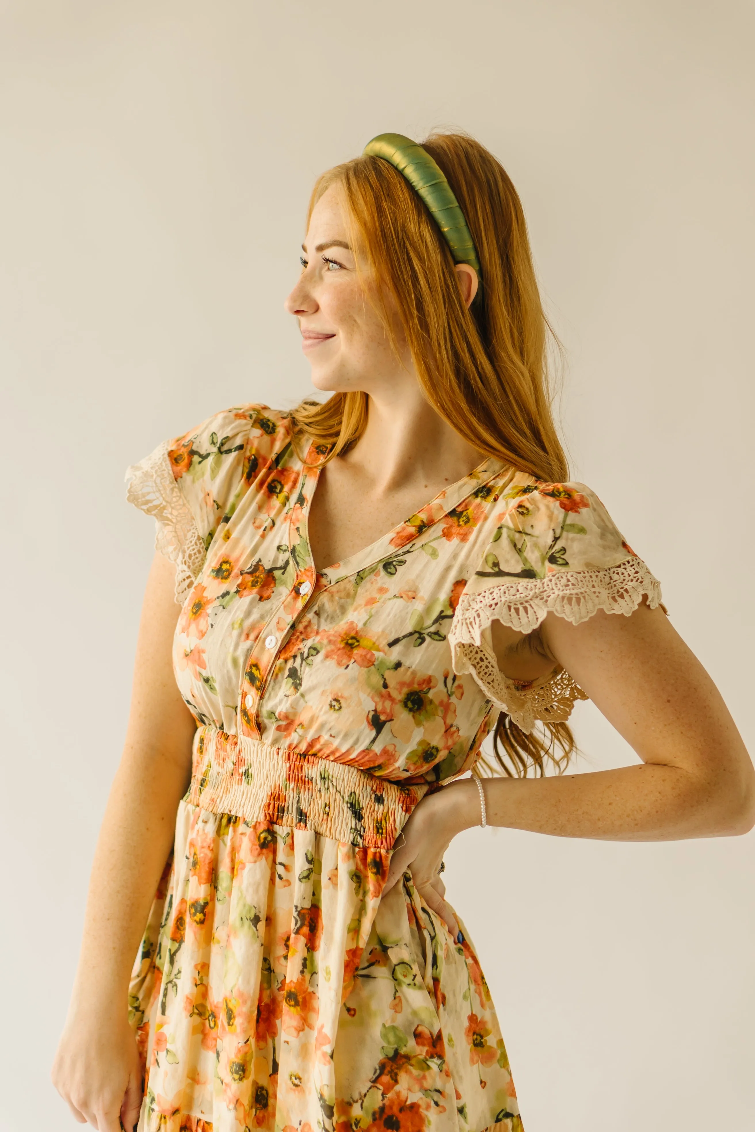 The Korenfeld Smocked Waist Midi Dress in Natural Multi