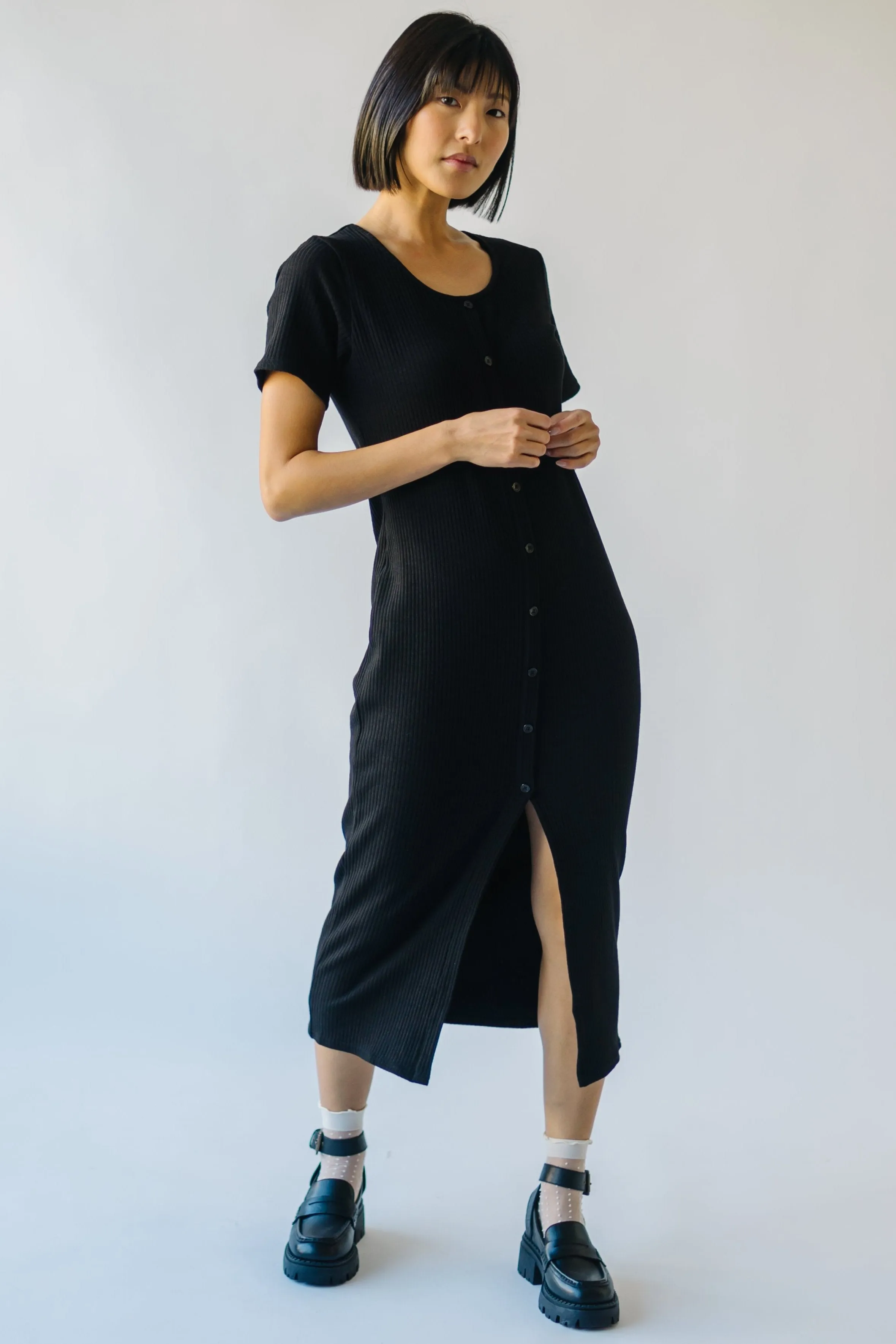 The Pomona Ribbed Button Dress in Black