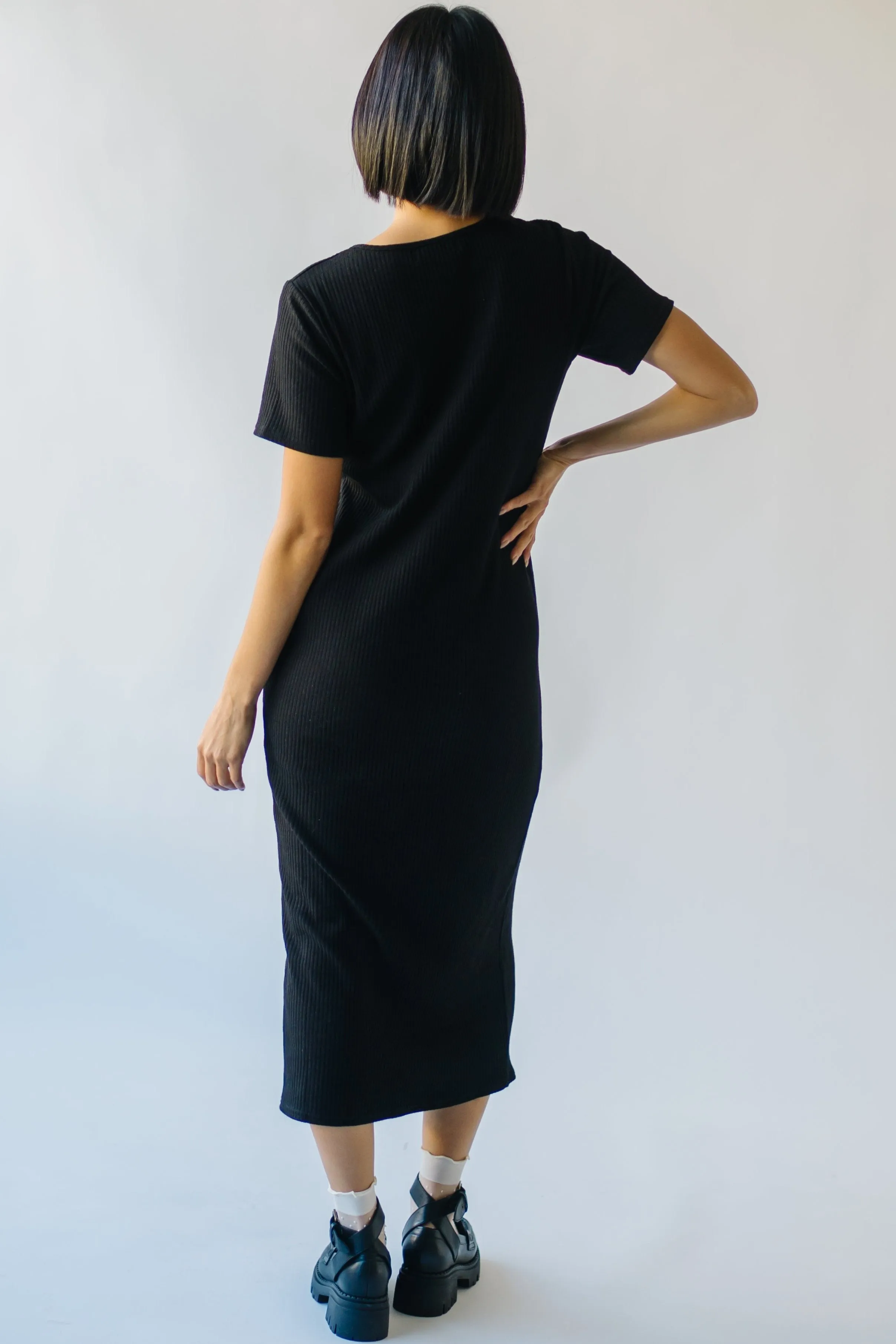 The Pomona Ribbed Button Dress in Black