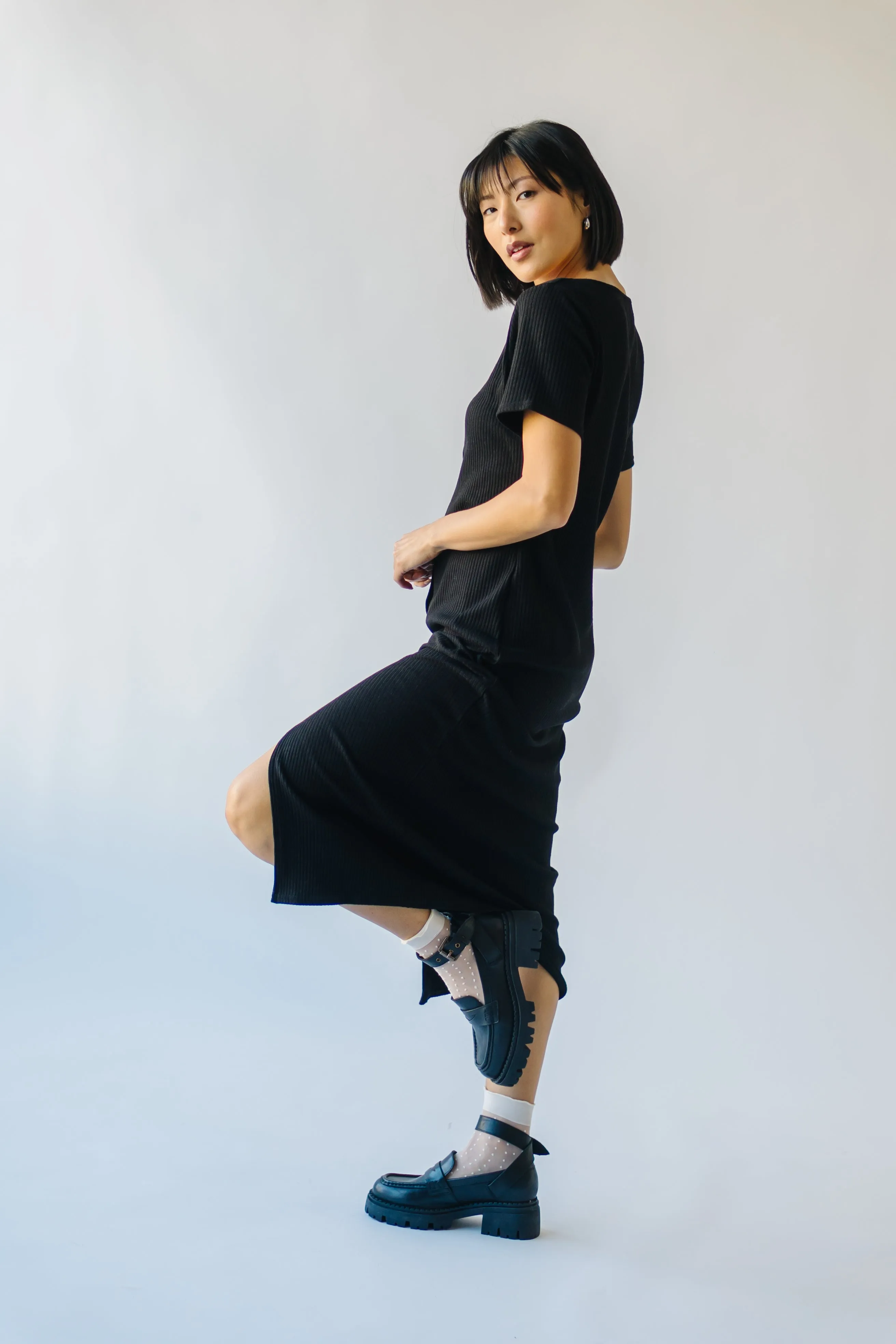 The Pomona Ribbed Button Dress in Black