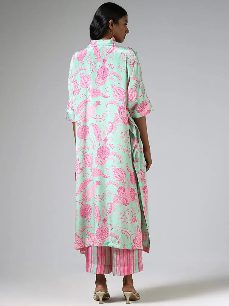 Green Printed Vark Kurta with Button Down and Matching Straight Pants Set