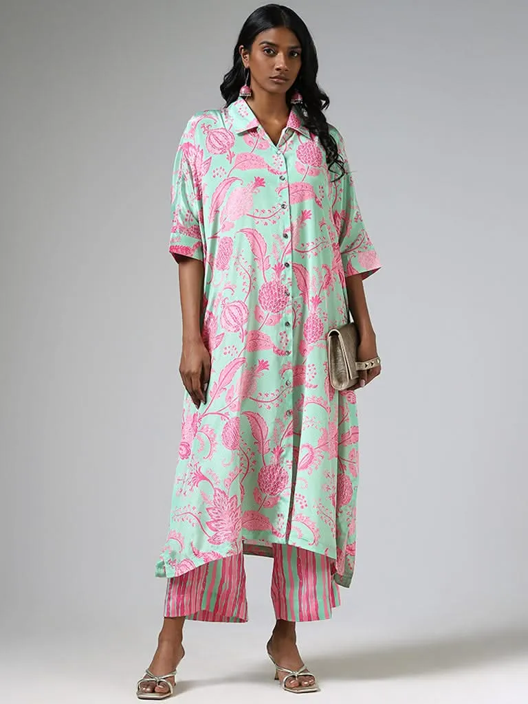 Green Printed Vark Kurta with Button Down and Matching Straight Pants Set