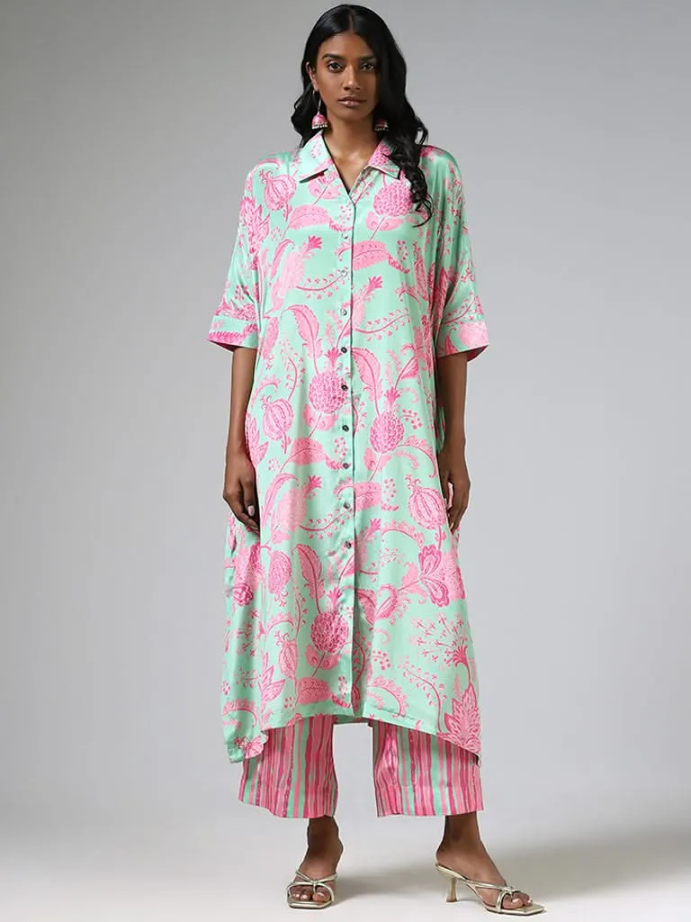 Green Printed Vark Kurta with Button Down and Matching Straight Pants Set