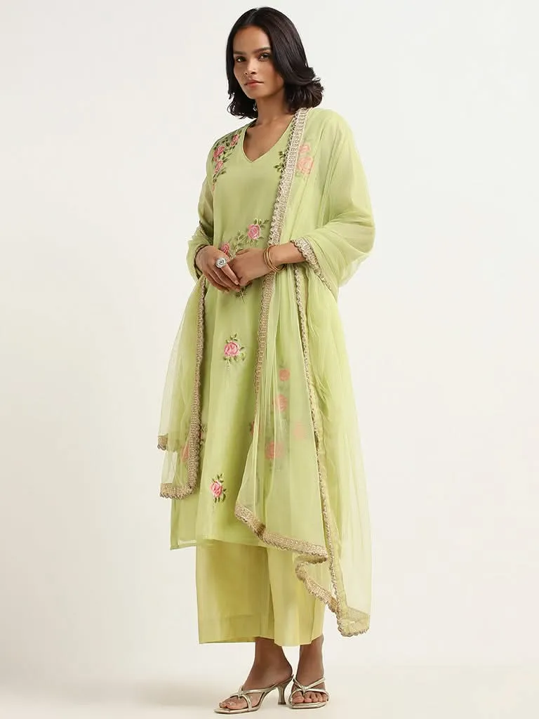 Green Vark Printed Cotton Blend Kurta Set with Matching Palazzos and Dupatta