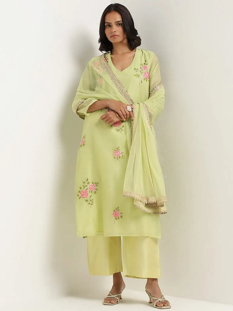 Green Vark Printed Cotton Blend Kurta Set with Matching Palazzos and Dupatta