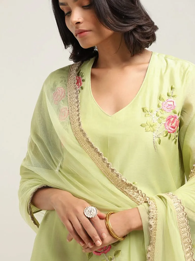 Green Vark Printed Cotton Blend Kurta Set with Matching Palazzos and Dupatta