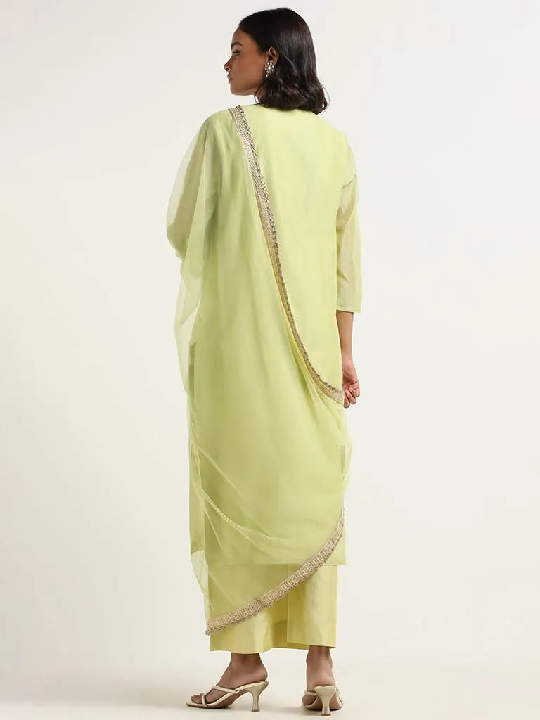 Green Vark Printed Cotton Blend Kurta Set with Matching Palazzos and Dupatta