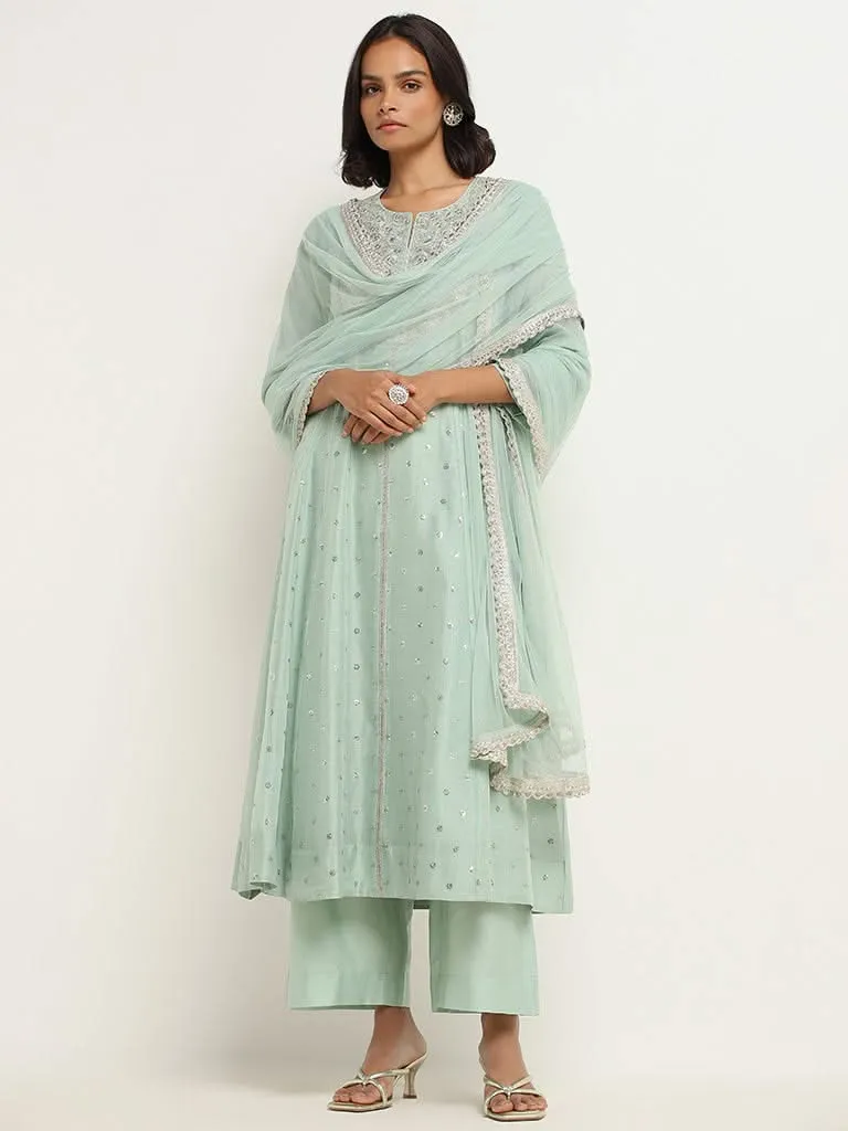 Vark Pastel Green Embroidered Cotton Blend Kurta with Palazzos and Dupatta